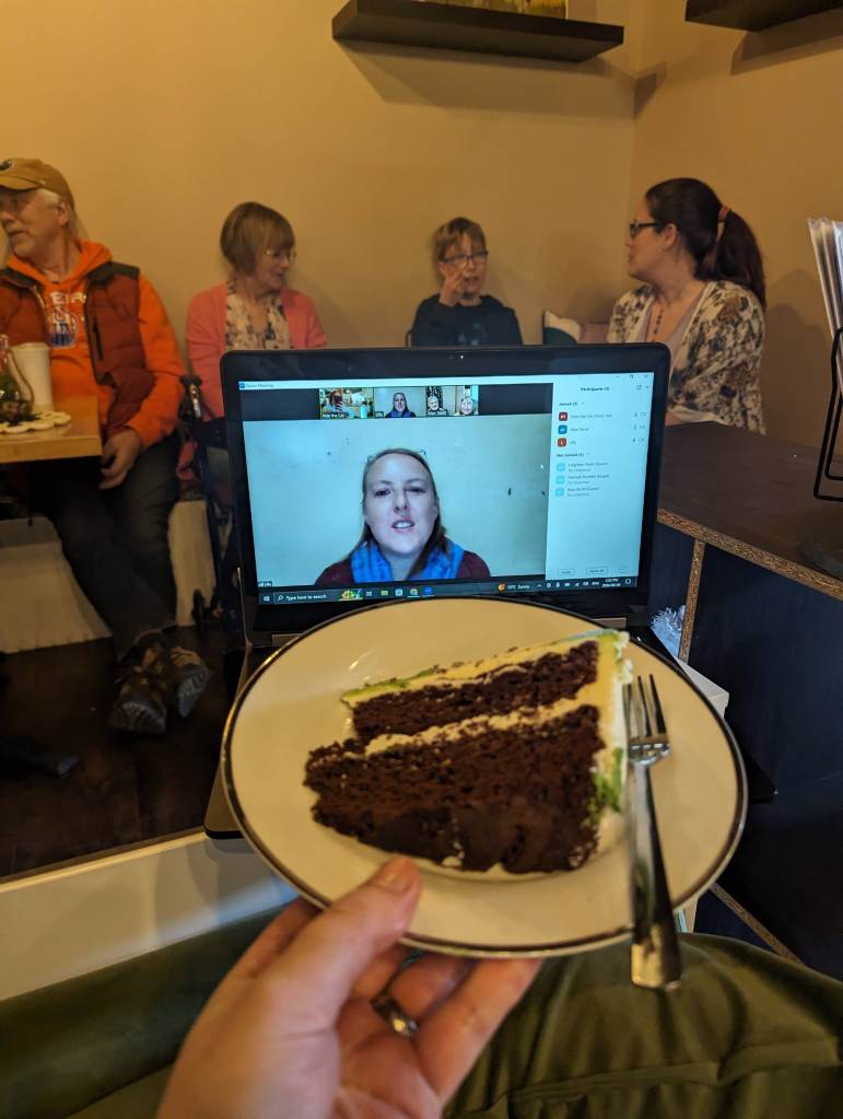 We always try to serve cake for book launches. Sadly we cannot send it via Zoom to South Africa.